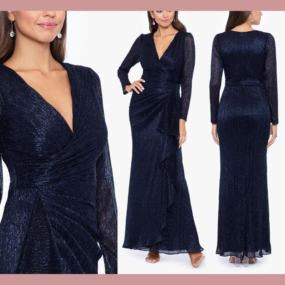 NWT $269 Betsy & Adam [ 2P ] Maggie Long Sleeve Pleated Metallic Gown #Q979‎